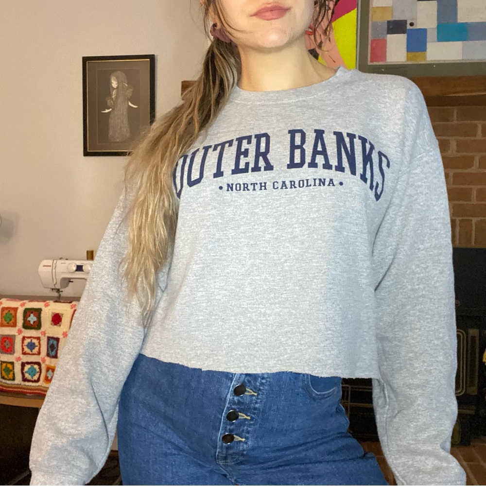 Y2K Outer Banks North Carolina NC Crewneck Sweatshirt Cropped Raw Edge B…